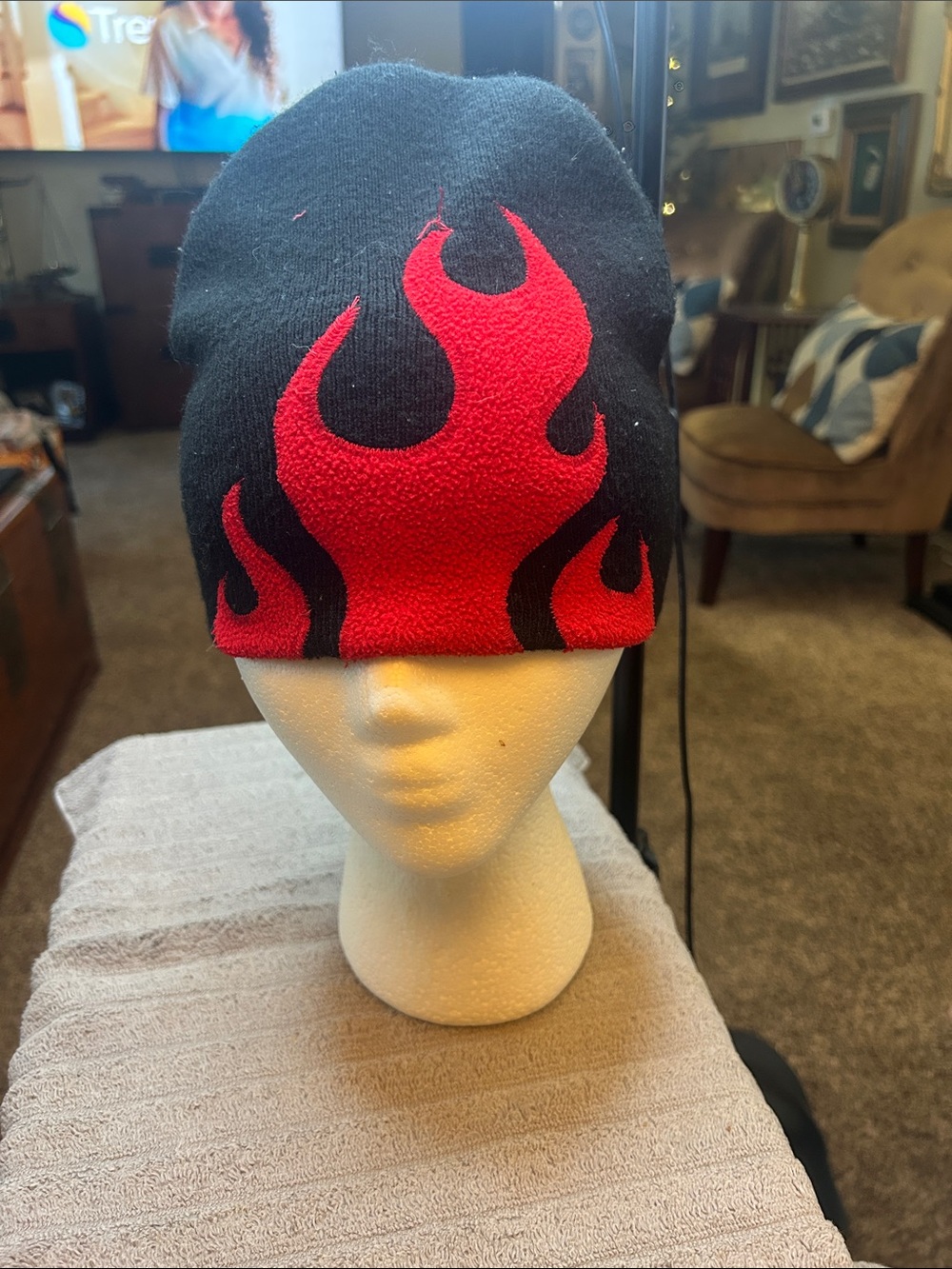 Black Beanie with Red Flame Accent - Kids Hat